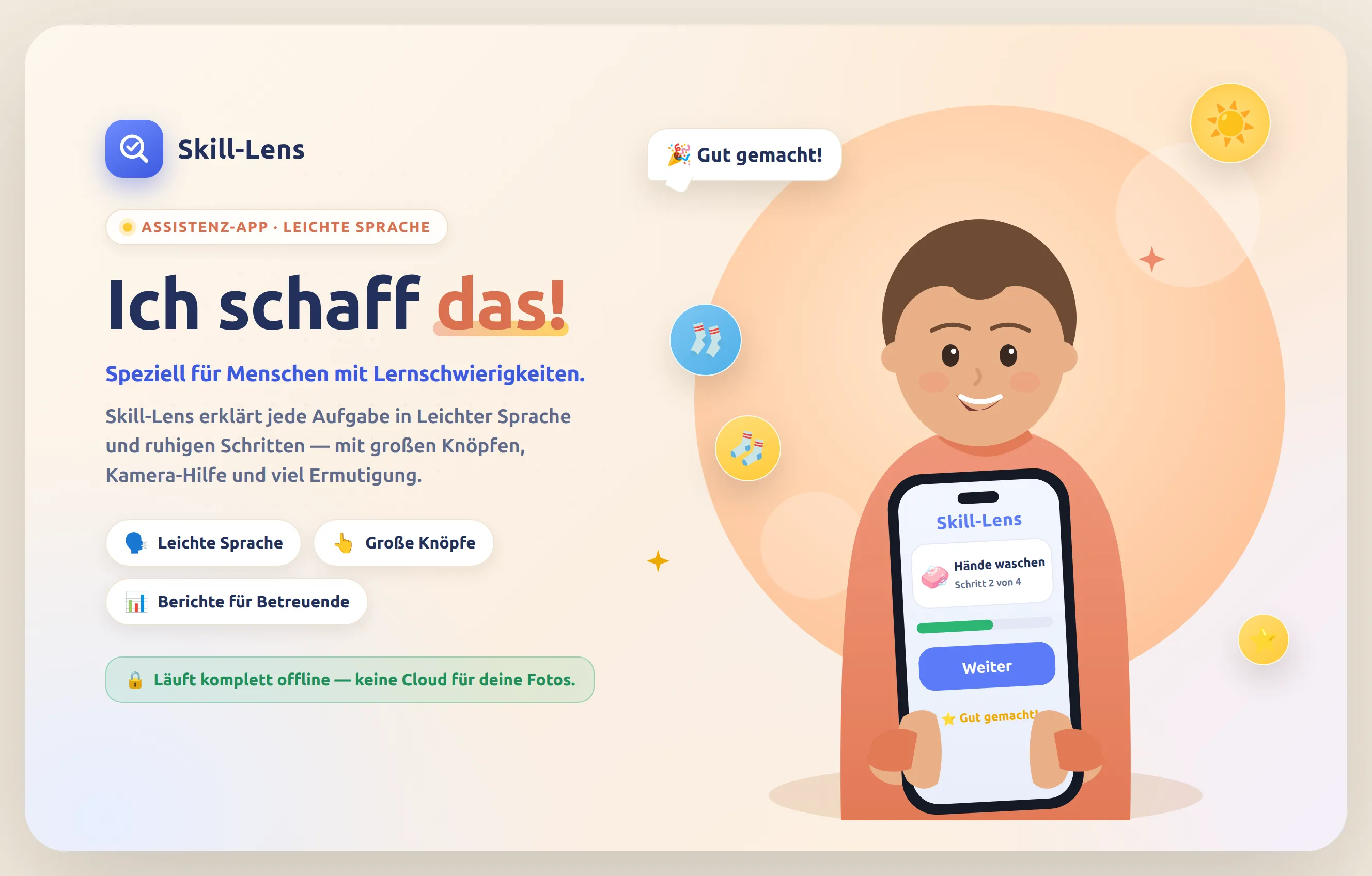 Skill-Lens App: junge Person hält ein Handy, das Schritt für Schritt durch das Händewaschen führt.